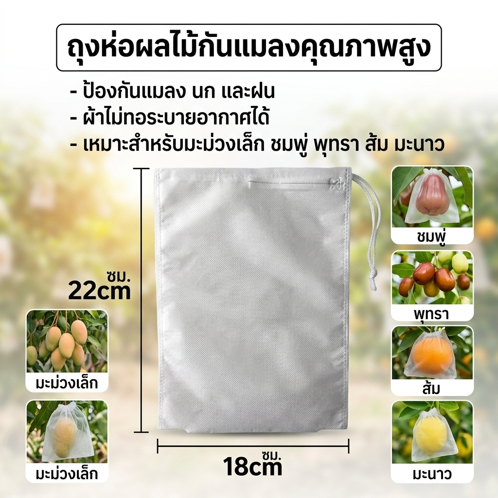 100 ใบ ถุงห่อผลไม้ 18x22 ซม กันแมลง แสงแดด ใช้ซ้ำได้ ไม่มีไอน้ำเกาะในถุง