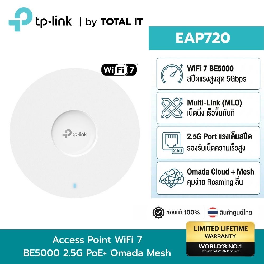 TP-LINK EAP720 Wi-Fi 7 BE5000 Access Point Ceiling AP  ติดเพดาน ดีกว่า EAP723 รองรับ 2.5G PoE+ Mesh