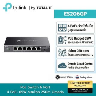 TP-Link ES206GP Omada PoE Switch 6 พอร์ต Gigabit 4 PoE+ 65W สำหรับกล้องวงจรปิด/Access Point