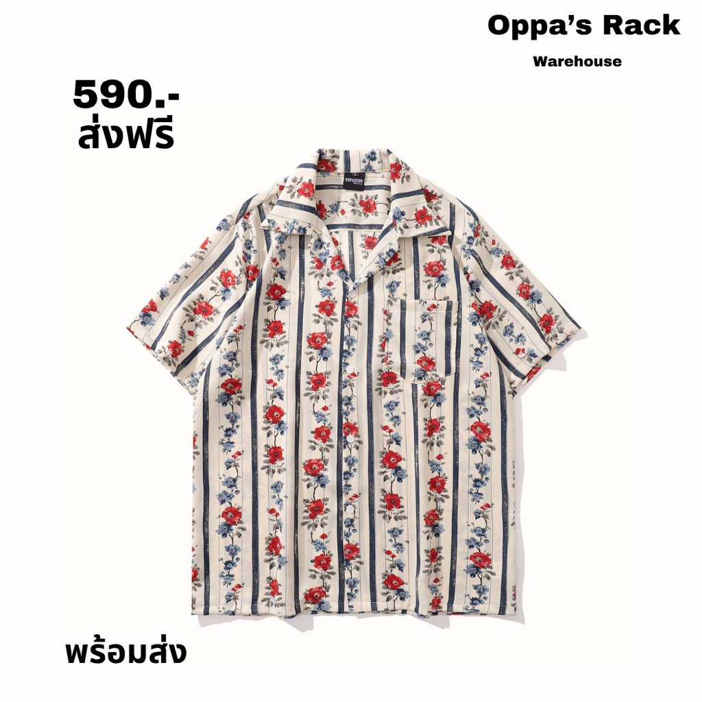 เสื้อเชิ้ตแขนสั้นลายทางพิมพ์ดอกแดง