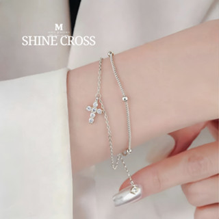 MEET💕กำไลเงิน Shine Cross กำไลเงินแท้ สร้อยข้อมือปรับได้ กำไ…