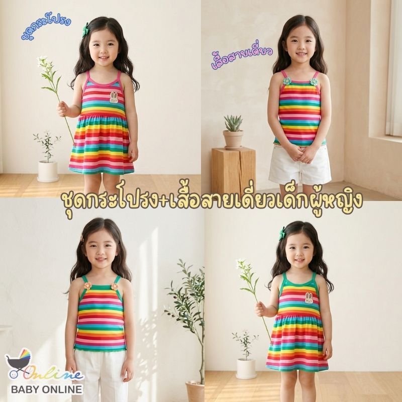Babyonline(Y215)G5 (ส่งด่วน1วัน) เสื้อสายเดี่ยว ชุดกระโปรงแฟชั่นเด็กผู้หญิงลายรุ้ง ผ้าฝ้าย