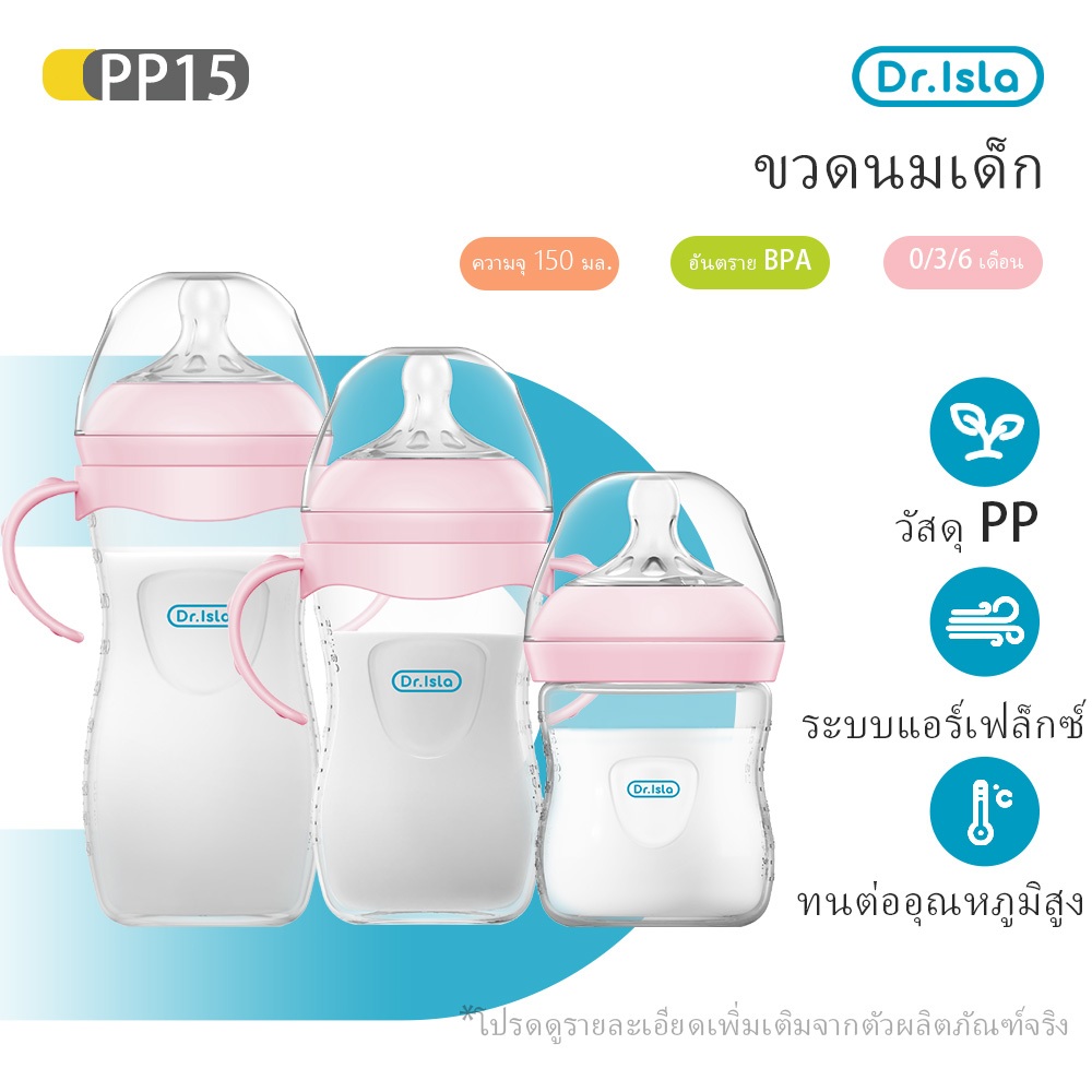 Dr.isla ขวดนมปากกว้าง55mm กันลม ไร้BPA/BPS จุกนมนุ่ม เบา ล้างง่าย ทนทาน 3ขนาด(150-330mL)  PP15