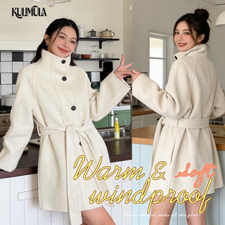 KULIMULA เสื้อโค้ทสตรี เข็มขัดรัดเอว ผ้าขนสัตว์นุ่มอบอุ่น สไ…