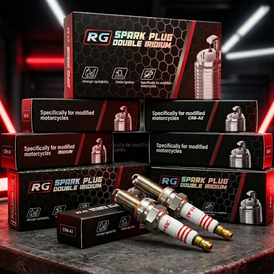 หัวเทียนRG DOUBLE IRIDIUM ไฟแรง นิ่ง สเถียน สำหรับใส่รถมอเตอร์ไซค์เผาใหม้ได้ดีขึ้น แรงม้าแรงบิดเพิ่มขึ้น รองรับน้ำมันE20