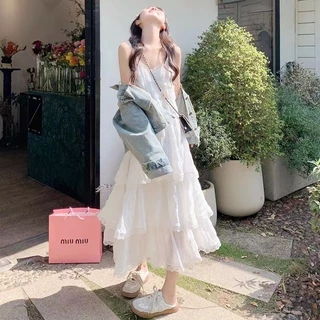 【พร้อมส่งโกดังไทย】 🌈ชุดเดรสยาวสายเดี่ยวผ้าบางเบา ลายรอยย่น ลูกไม้ขอบ สไตล์วินเทจ