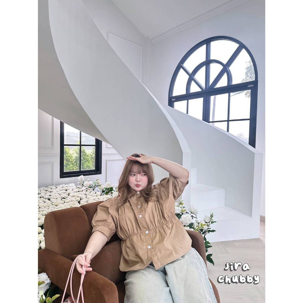 Sweet Nebula เนบิวลา - เสื้อคอปกจับจีบตรงอกสวยมา ผ้าcotton สาวอวบ อก 40-50 พร้อมส่ง