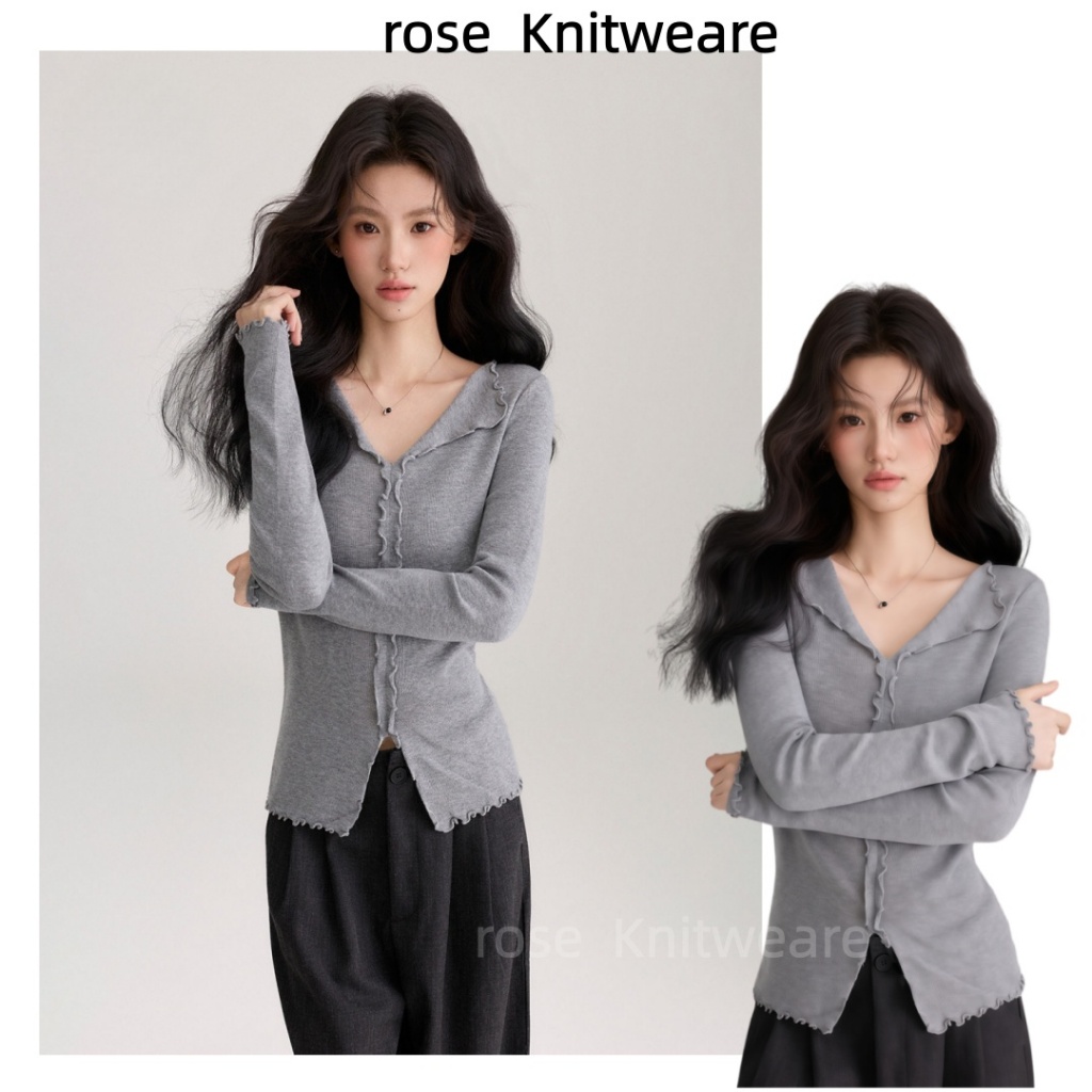 rosecloud เสื้อถักสำหรับผู้หญิง สไตล์อ่อนโยนและอ่อนหวาน เสื้อสเวตเตอร์คอวีทรงเข้ารูป ช่วยเสริมรูปร่างให้ดูดี