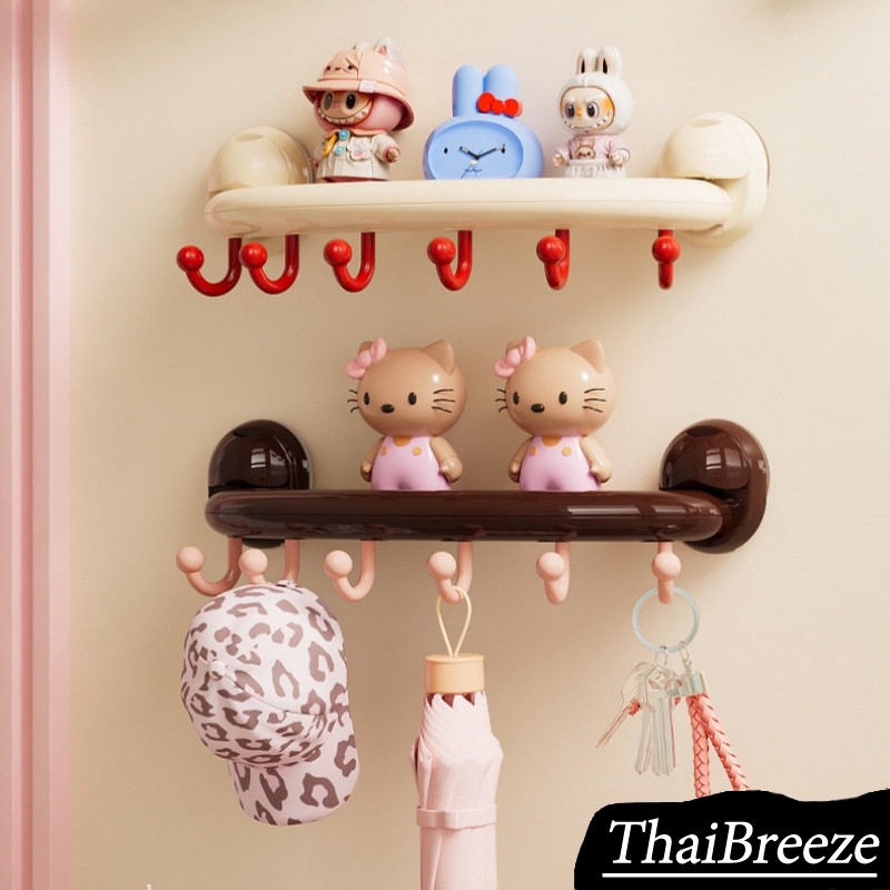 【ThaiBreeze】ชั้นวางของติดผนังเข้ามุม พร้อมตัวดูดและตะขอ ไม่ต้องเจาะรู เหมาะสำหรับจัดเก็บของในห้องน้ำ