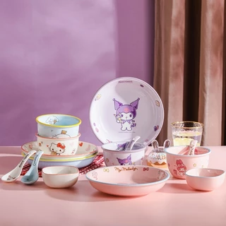 【ของแท้】Sanrio เครื่องเซรามิก จาน / ชาม / ถ้วย / ตะเกียบ / ช้อน Kuromi Hello Kitty My Melody Cinnamoroll ชุดจานชามน่ารัก