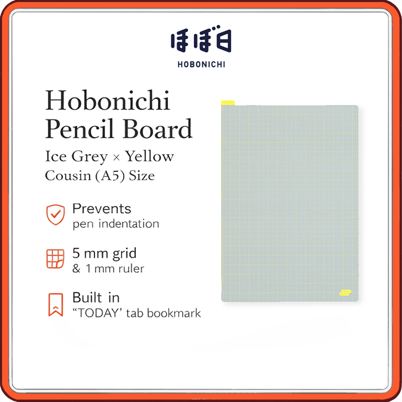 Hobonichi Cousin (A5) Pencil Board – Ice Grey – Yupo Writing Sheet with 5mm Grid, TODAY Tab Bookmark, Planner Accessories