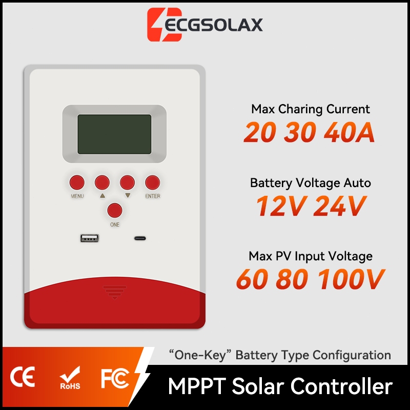 ECGSOLAX 40A MPPT ตัวควบคุม 12V/24Vเครื่องชาร์จพลังงานแสงอาทิตย์ แบตเตอรี่ที่มีประสิทธิภาพชาร์จ รองรับแบตเตอรี่ LiFePO4