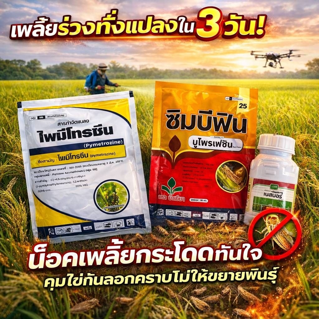 ชุดคู่หูปราบเพลี้ยกระโดดสีน้ำตาล ผสาน 2 พลัง 'น็อคตัวเต็มวัย + คุมไข่ตัดวงจร' ปกป้องนาข้าว ให้รวงเต่ง น้ำหนักไม่หาย