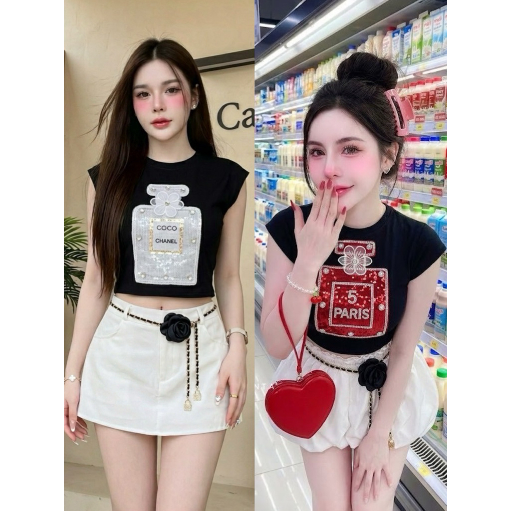 N07 เซต 3 ชิ้น เสื้อครอปแขนล้ำแต่ง3D แต่งเพชร+ กระโปรงซับในกางเกง+ แถมฟรีเข็มขัด ป้ายLanta