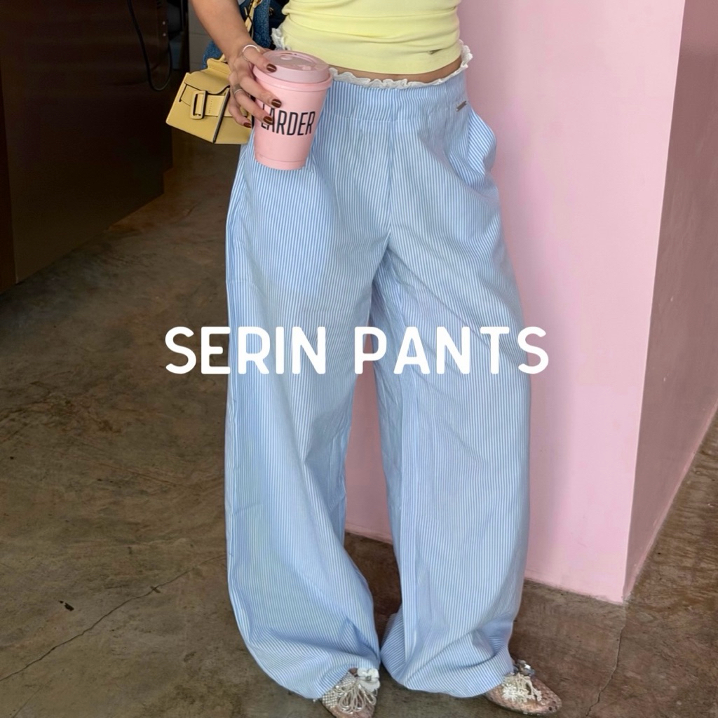 JARIN | SERIN PANTS กางเกงขายาวลายทางแต่งขอบลูกไม้