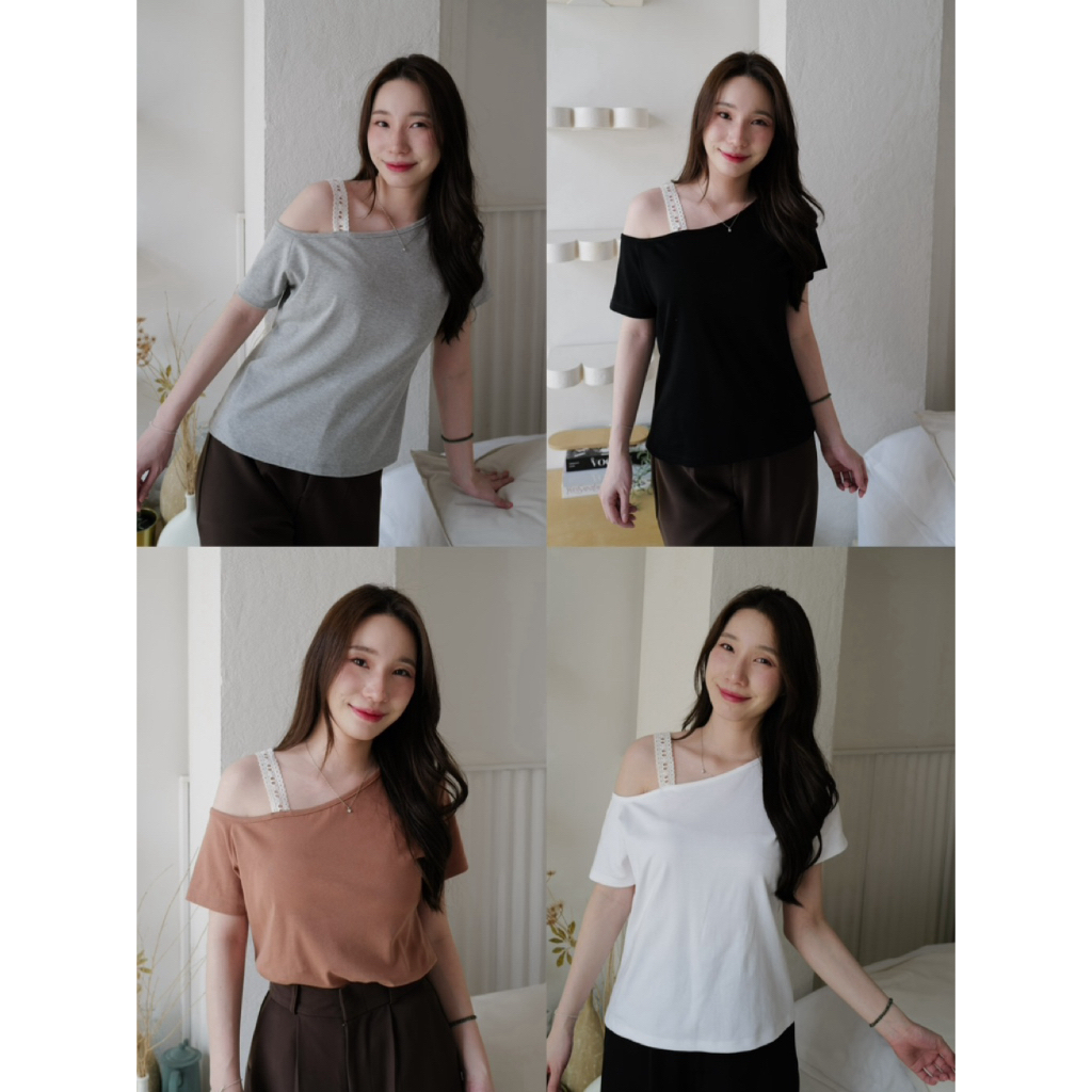 เสื้อปาดไหล่แขนสั้น *มีสายลูกไม้อยู่ขวามือ*