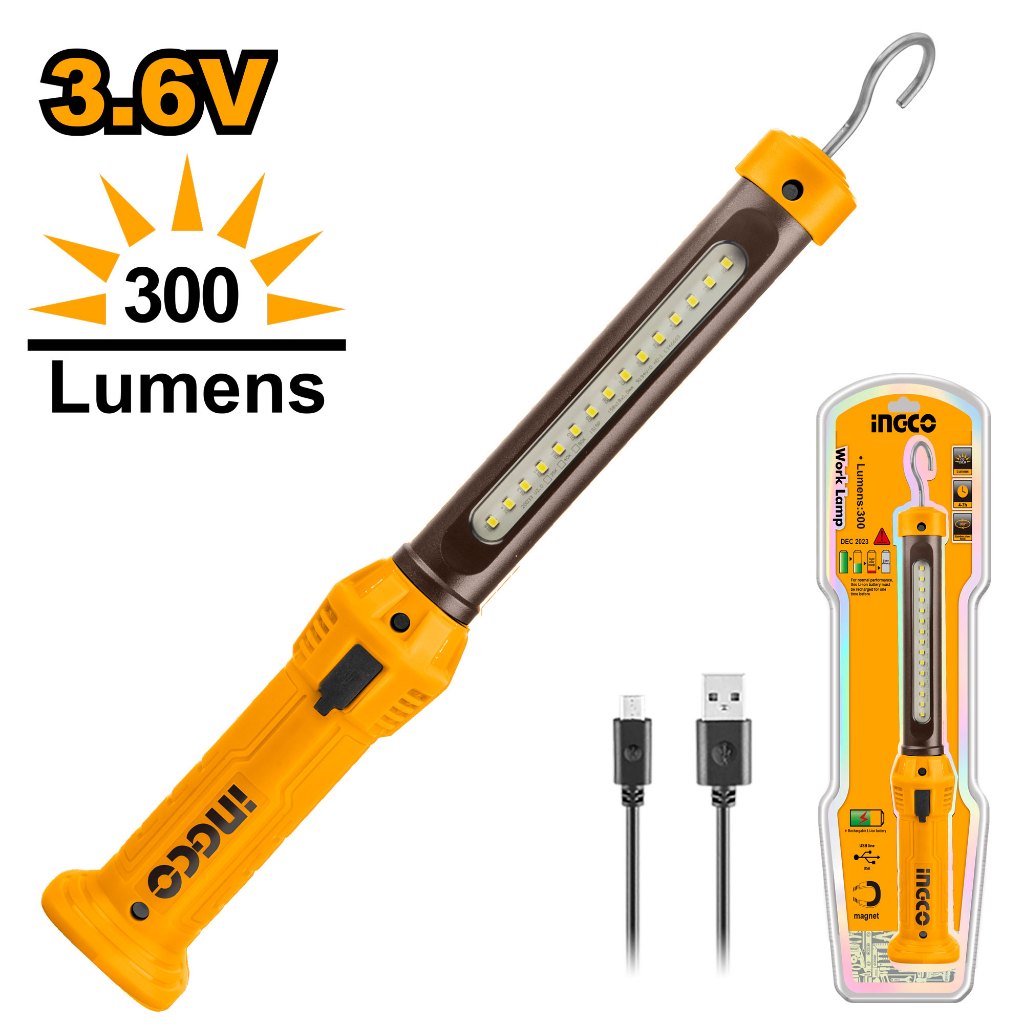 INGCO ไฟฉายพกพา Li-polymer รุ่น HWLI35261 ชาร์จไฟได้ | ไฟฉายทำงานไร้สาย4V รุ่น HWLI043006  300 Lumens ชาร์จผ่านสาย USB