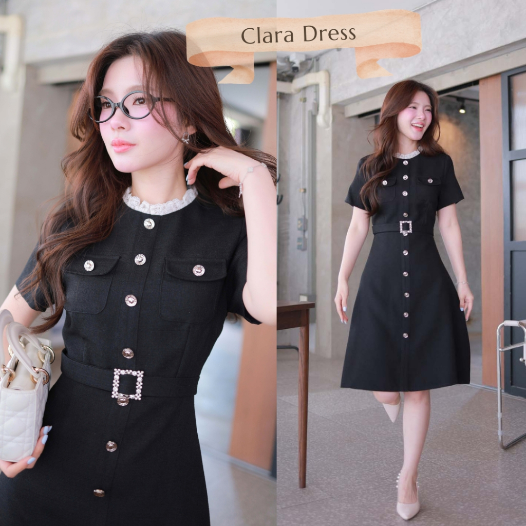 "Romi"Oil" Clara Dress (Black) K390 ชุดเดรสสีดำ (คอระบายแต่งกระดุมหน้ามีเข็มขัด)