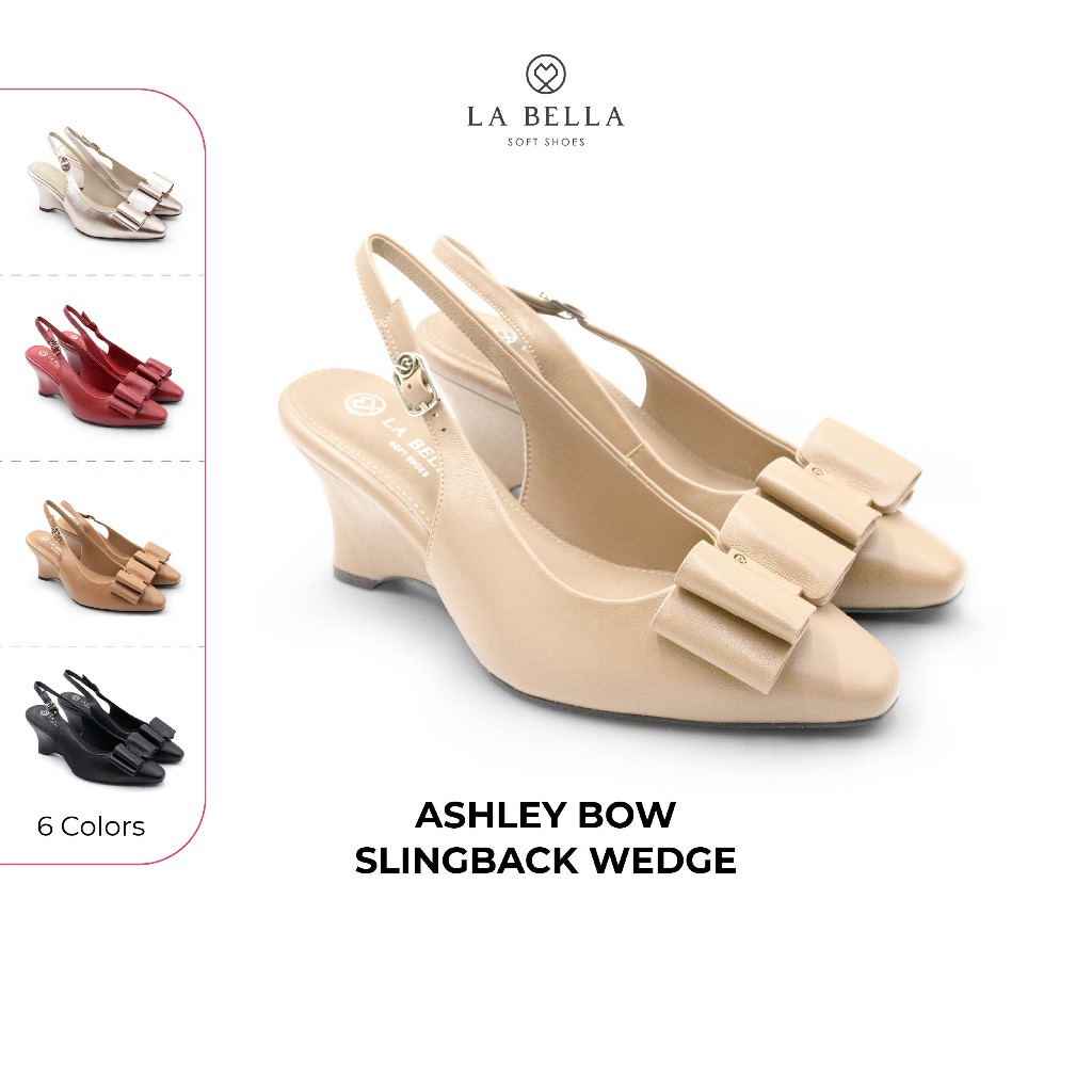 LA BELLA  รองเท้าคัชชูส้นสูงหนังแกะ รุ่น ASHLEY BOW SLINGBACK WEDGE 6 สี
