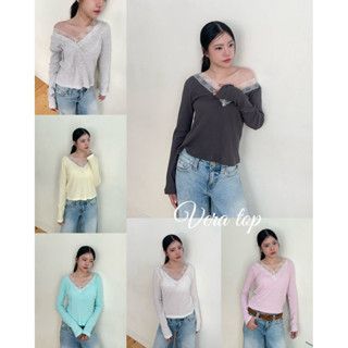 HASU64 Vera top เสื้อคอวีแขนยาวแต่งลูกไม้ (happysummer.bkk)