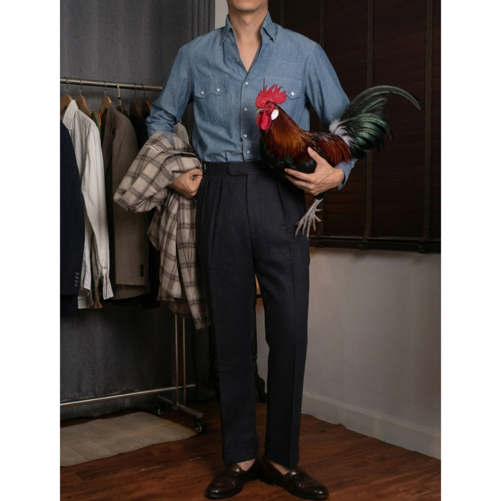 [T12LN-NAVY] กางเกงลินินขายาวเอวสูง Classic High Waist Trousers โมเดล T12LN สี Navy