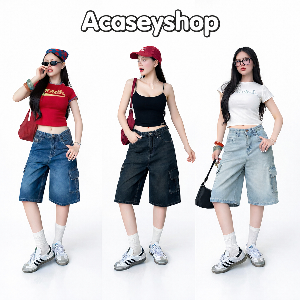 Acasey กางเกงยีนส์ผู้หญิง ขาสั้น 5ส่วน คาร์โก้ YG ไซส์ S - 3XL