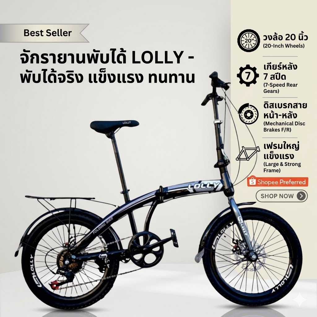 จักรยาน LOLLY พับได้ รุ่น FORD 20 วงล้อ 20 นิ้ว มีเกียร์ 7 สปีด พกพาสะดวก (รับประกันตัวเฟรม 5 ปี)