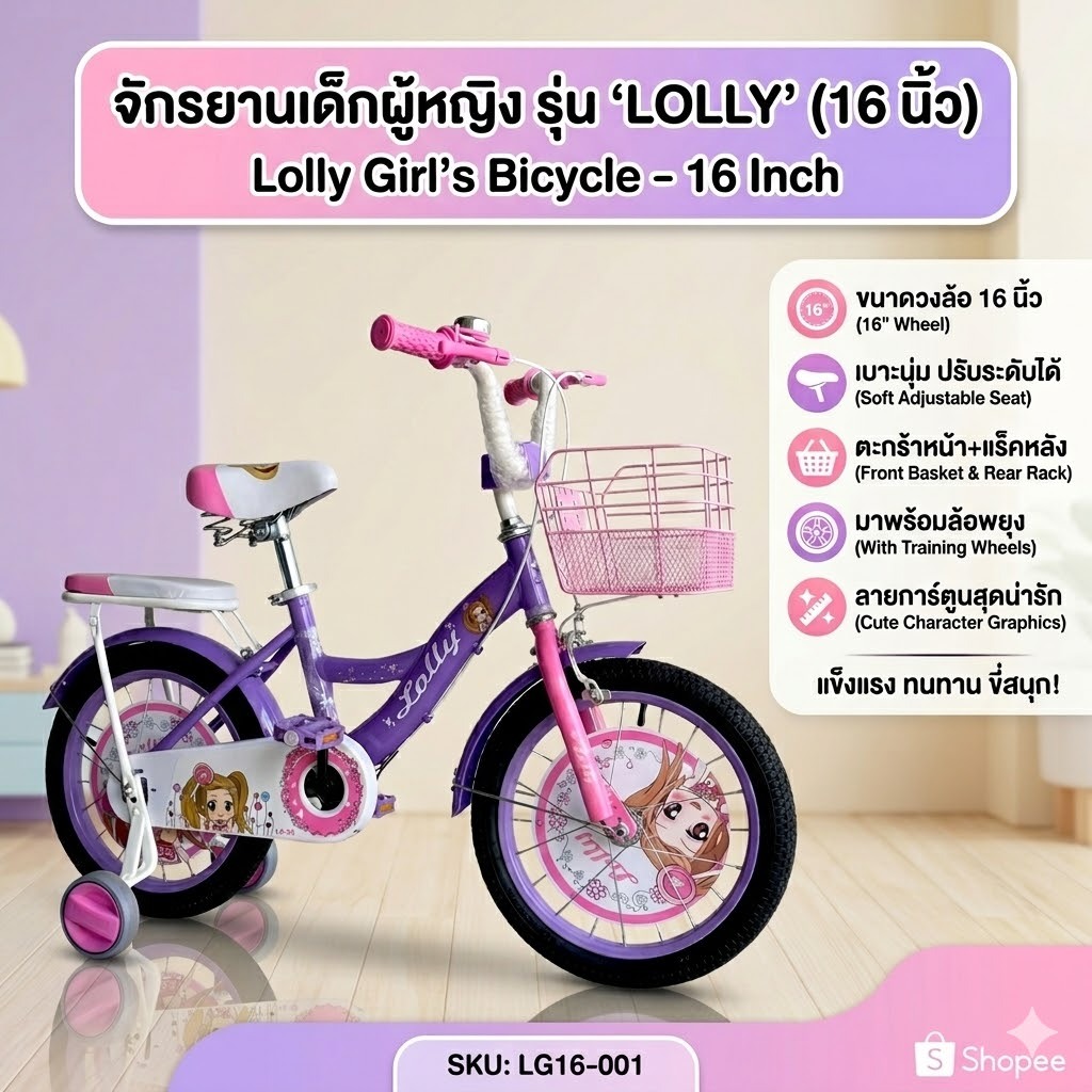 จักรยานเด็กผู้หญิง รุ่น LOLLY GIRL16 4ล้อ วงล้อ 16 นิ้ว มีตระกร้า กระดิ่ง สีสวย
