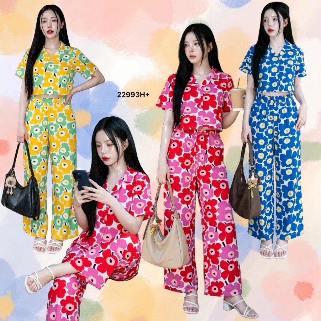 Set 2 ชิ้น #ลายดอกไม้ เสื้อเชิ้ตแขนสั้น ทรงครอป + กางเกงขายาว TT22993
