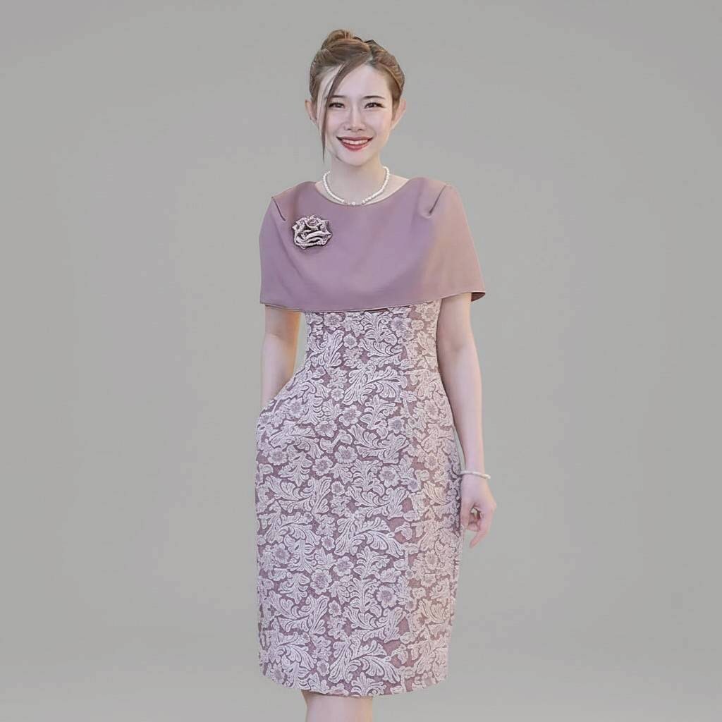 DL42 เดรสออกงาน ชุดทำงานคุมไหล่ดีเทลแต่งดอกไม้สวยๆ เดรสสุภาพเรียบหรู ยาว41นิ้ว