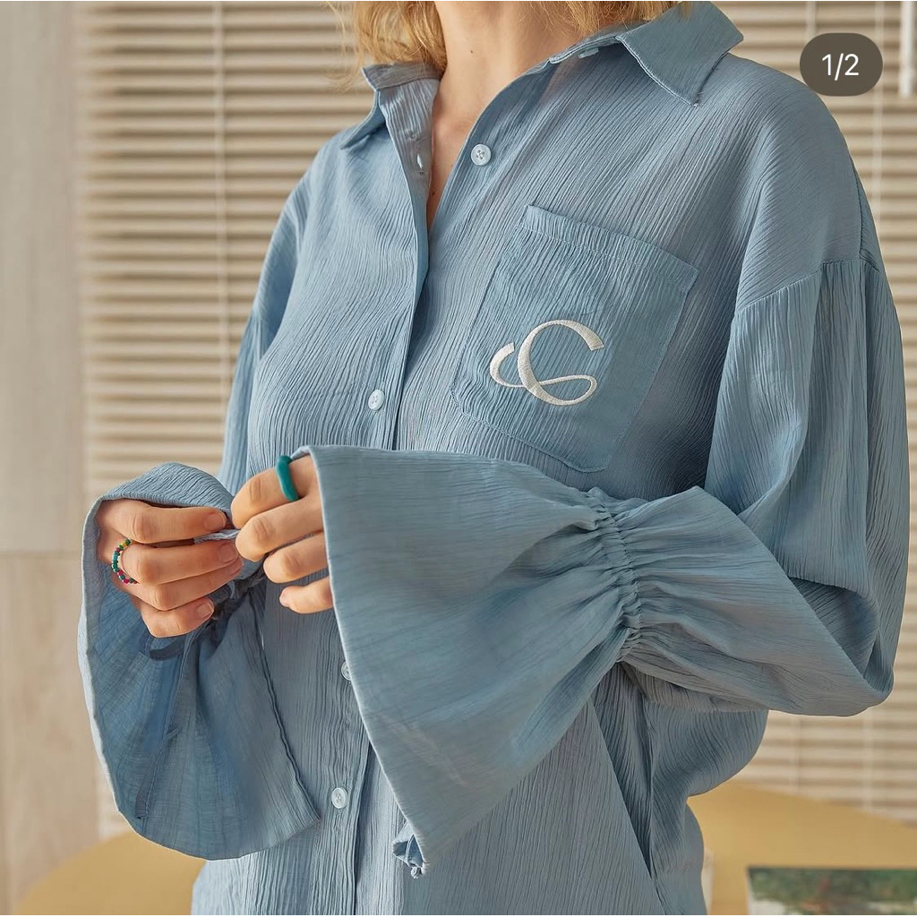 เสื้อเชิ้ต Copper.bkk สีฟ้า ดีเทลผูกแขนได้