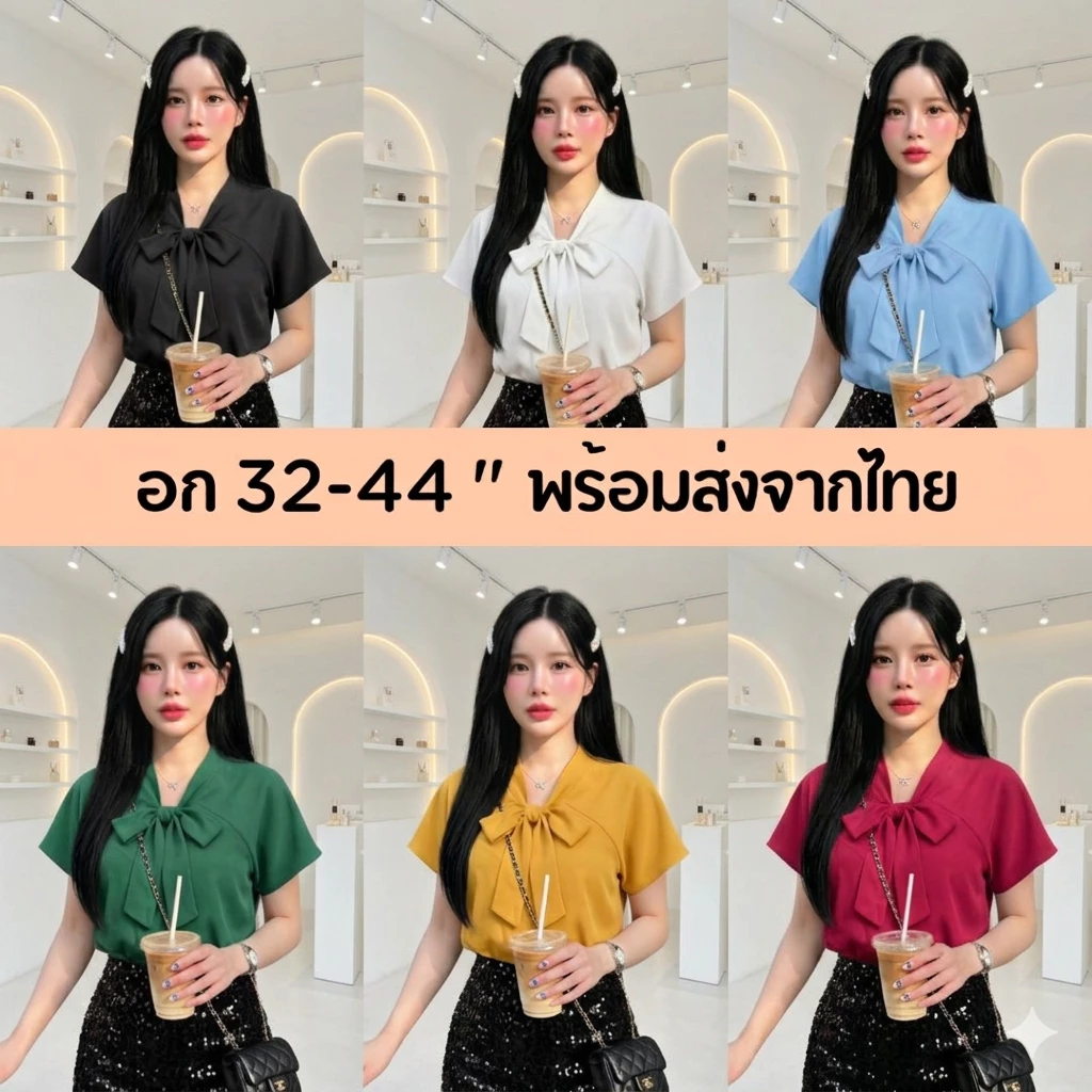 CHID_Jun99เสื้อแขนสั้นบ่าเลย คอโบว์หน้า ใส่ทำงานใส่ทางการ สาวออฟฟิศน่ารักอก32-44 ครบสีทุกโอกาส