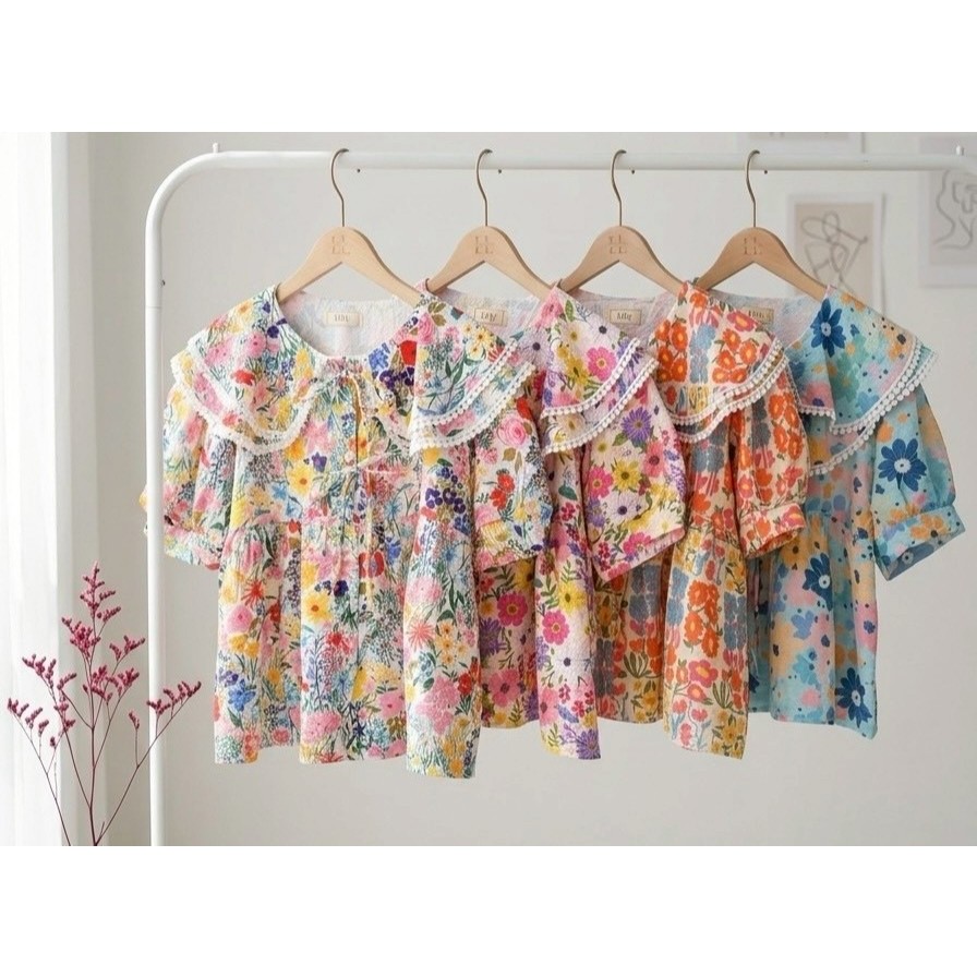 ป้าย Lilly เสื้อผ้าบับเบิ้ลพิมพ์ลายปกคอบัว 2 ชั้นแต่งลูกไม้ อก 42 นิ้ว ยาว 20 นิ้ว