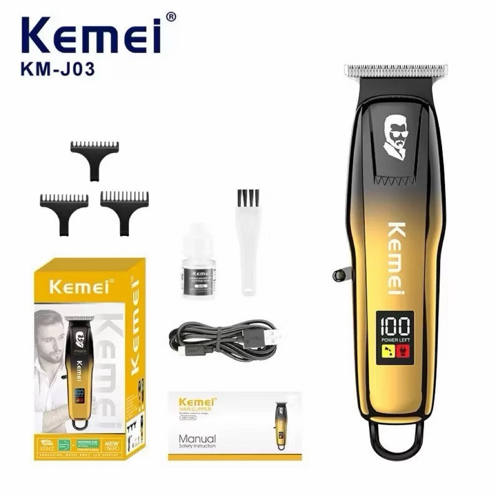 ปัตตาเลี่ยนไร้สายKEMEI รุ่นKM-J03 ตัดผมมืออาชีพ พร้อมชุดอุปกรณ์ของแท้ มีจอแจ้งสถานะแบตเตอรี่ ชาร์จType-C