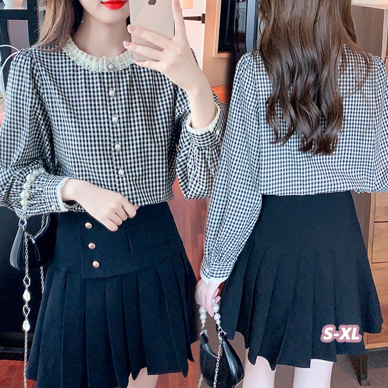 👚Anna👚เสื้อเชิ้ต ลายสก็อต สไตล์เรโทรฝรั่งเศส คอกลม ลูกไม้ระดับไฮเอนด์ สำหรับผู้หญิง แขนยาว เสื้อเรียบหรู 99217