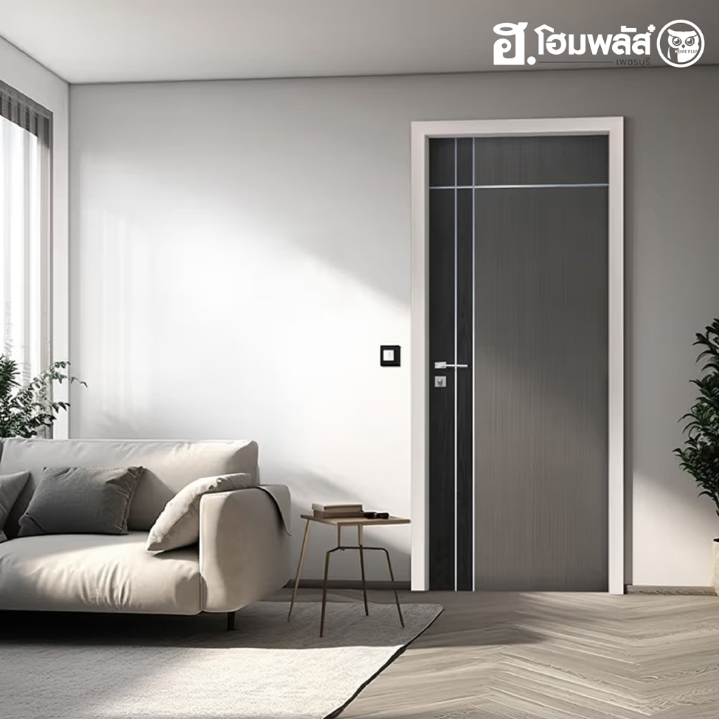 ECO-DOOR ประตู WPC 80x200 ซม. (ภายใน) เซาะร่องเส้นอลูมิเนียม ไม่เจาะ/สีเทาเข้มลายไม้ (WP1)