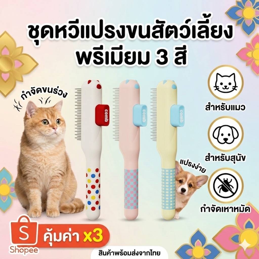 พร้อมส่ง หวีคาวาอี้ หวีแปรงขนแมว หวีแปรงขนสุนัข หวีหมาน่ารัก หวีแมว หวีกำจัดขนร่วง หวีกำจัดหมัด ซี่ถี่ แปรงง่าย