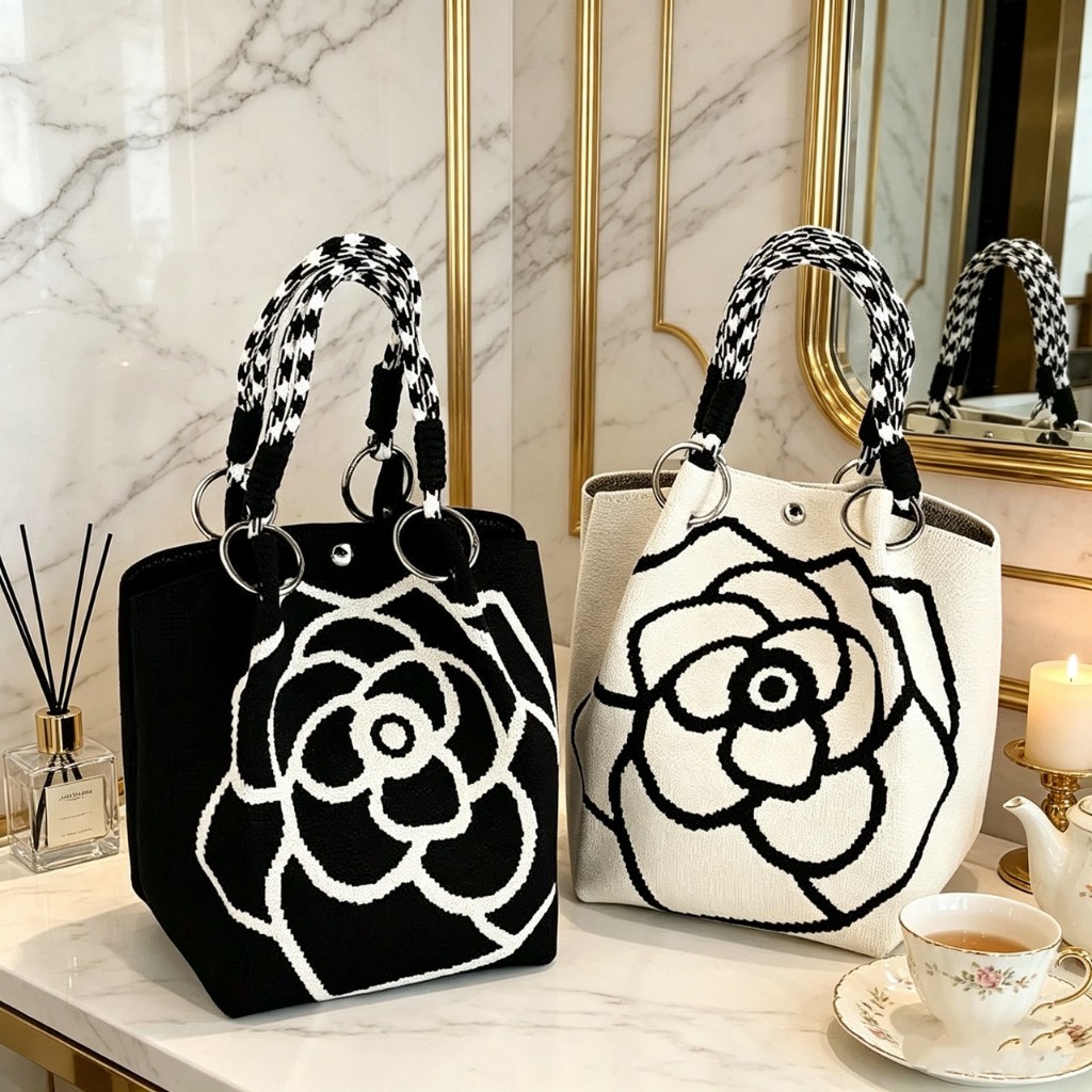(ราคาพิเศษ)กระเป๋าถือถักลายดอกคามิเลียCamellia flower knitted handbag