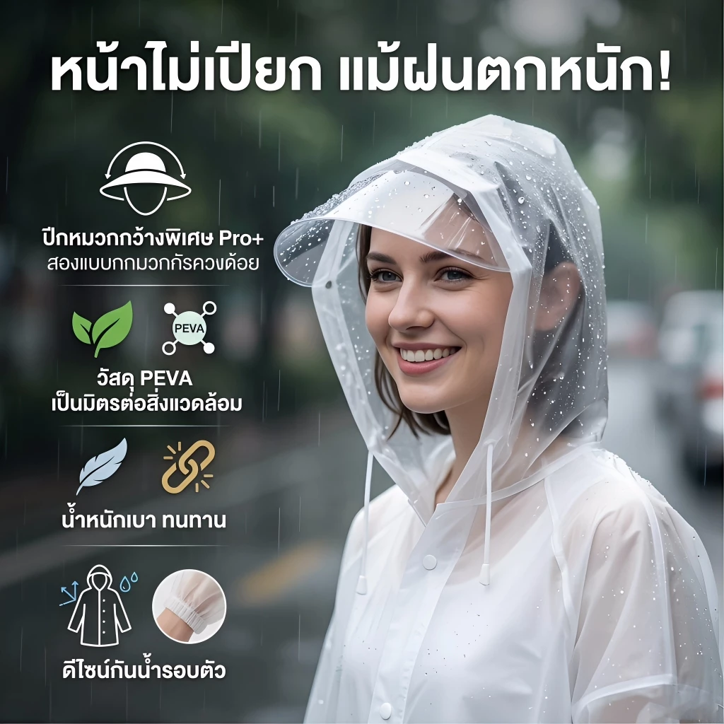 เสื้อกันฝนปีกหมวกใหญ่ 360°กันฝนหนัก สำหรับสงกรานต์/ขี่มอเตอร์ไซค์ ผู้ใหญ่