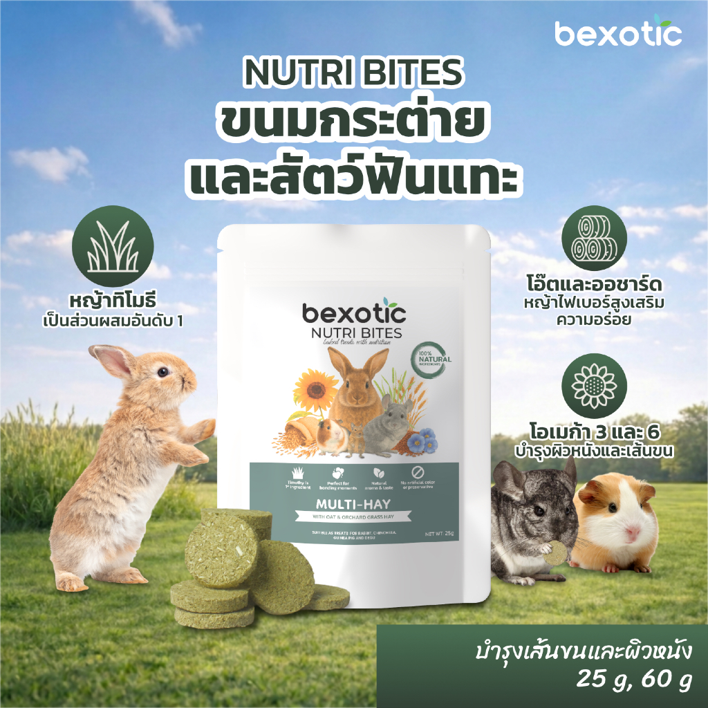 ขนมกระต่าย แกสบี้ ชินชิลล่าและสัตว์ฟันแทะ NUTRI BITES สูตร MULTI-HAY บำรุงเส้นขนและผิวหนัง