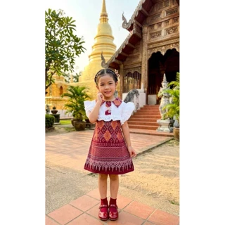 เดรสผ้าฝ้ายคอปกแต่งระบาย สม๊อคหลังลายไทย