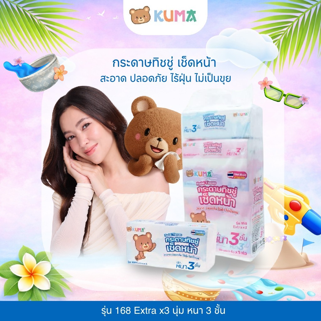 KUMA กระดาษทิชชูเช็ดหน้า กระดาษทิชชู่ แบบดึง หนา 3 ชั้น (1 หิ้ว มี 5 ห่อ) พร้อมส่ง