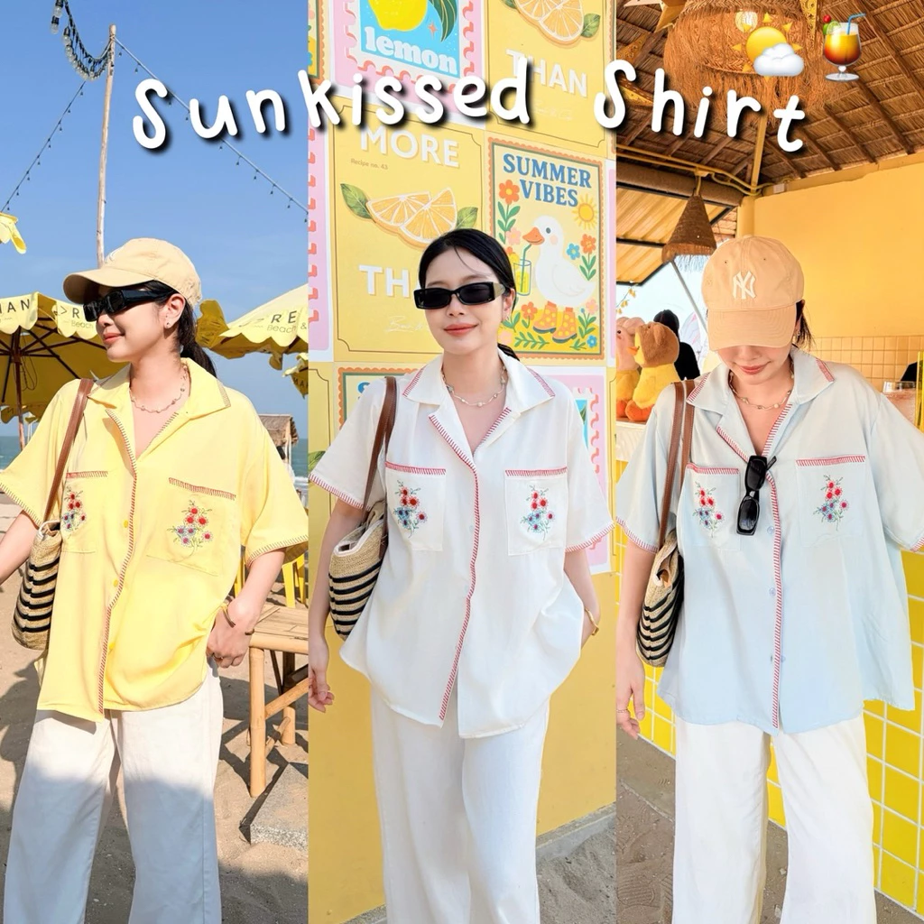SUNKISSED SHIRT เสื้อเชิ้ตผู้หญิงโอเวอร์ไซส์แขนสั้น ปักลายกระเป๋า เสื้อเชิ้ตเกาหลี เสื้อคลุมผู้หญิง ผ้านุ่มใส่สบาย