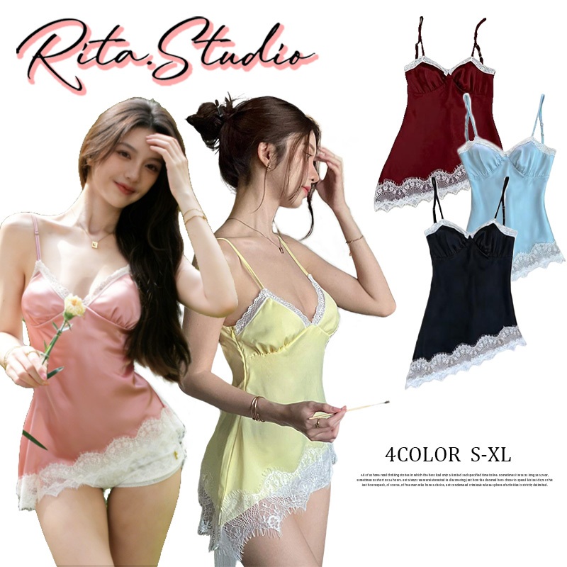 Rita พร้อมส่ง🍒เสื้อสายเดียวลูกไม้ซาติน ทรงเข้ารูป แฟชั่นเซ็กซี่ผู้หญิง แต่งชายลูกไม้นุ่ม ดีไซน์ผูกหลัง พรีเมียม