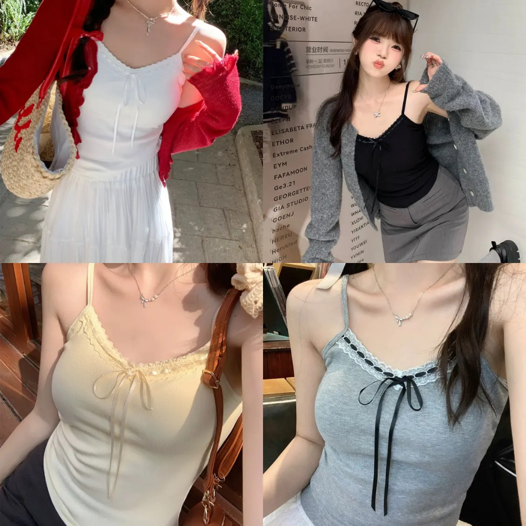 เสื้อสายเดี่ยว ครอป ฟองน้ำในตัว โบว์ผูกรอบขอบ สไตล์เวียดนาม เกาหลี FZ013
