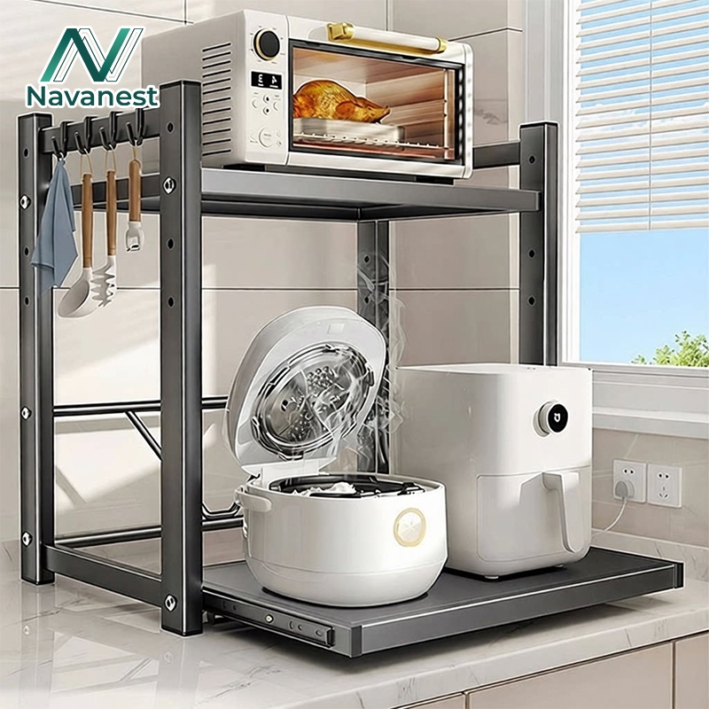 Navanest 39/58CM ดึงชั้นวางของไมโครเวฟ เครื่องใช้ในครัว  เตาอบไฟฟ้า ใช้ในบ้าน ฟังก์ชั่นหลากหลาย ชั้นวางของ ส่ง 6 ตะขอ