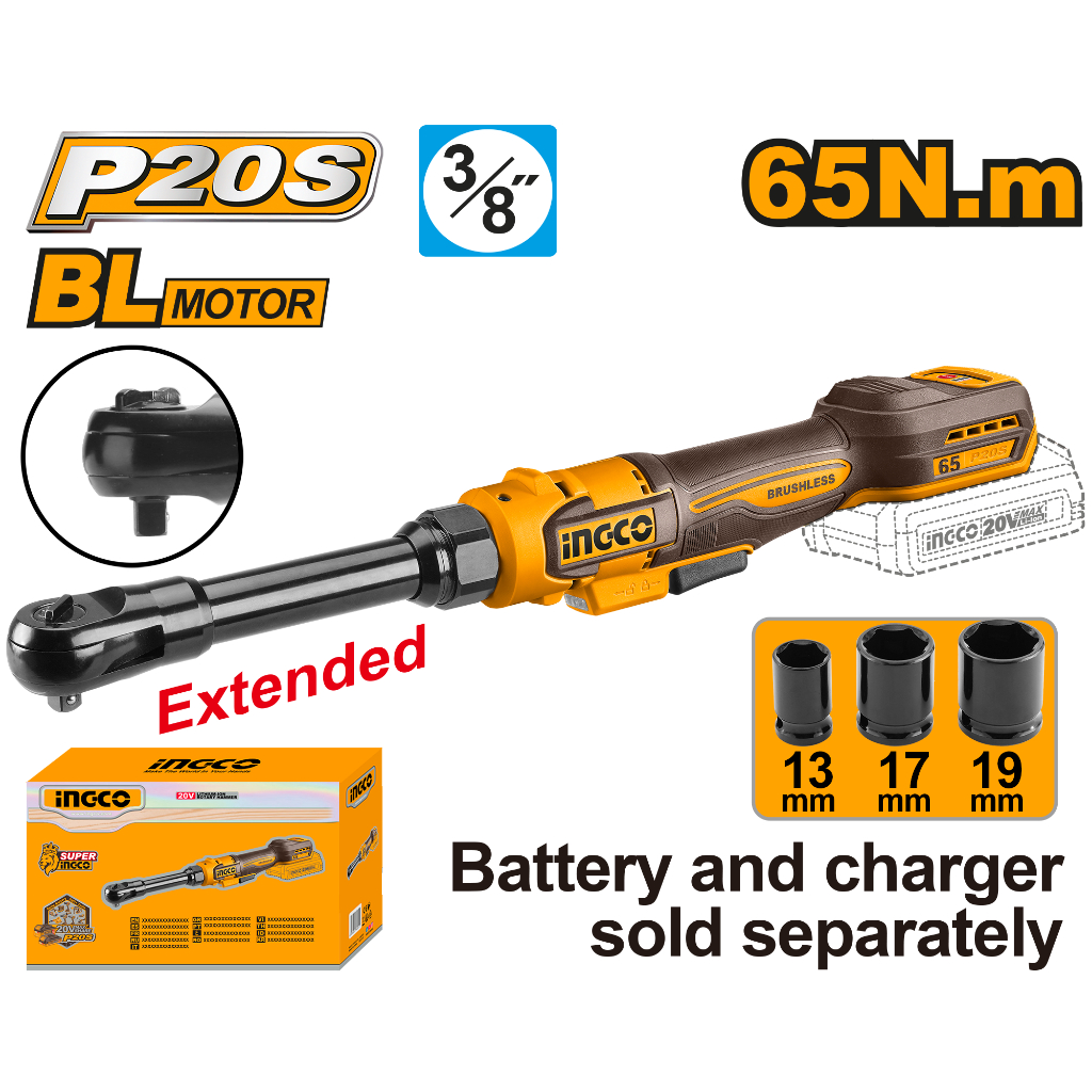 INGCO ประแจด้ามฟรีไร้สาย 20V คอยาว3/8" (คอยาวพิเศษ 170mm)รุ่น CDRLI206529 (รุ่นใหม่) | ประแจด้ามฟรีคอสั้น CDRLI2060151