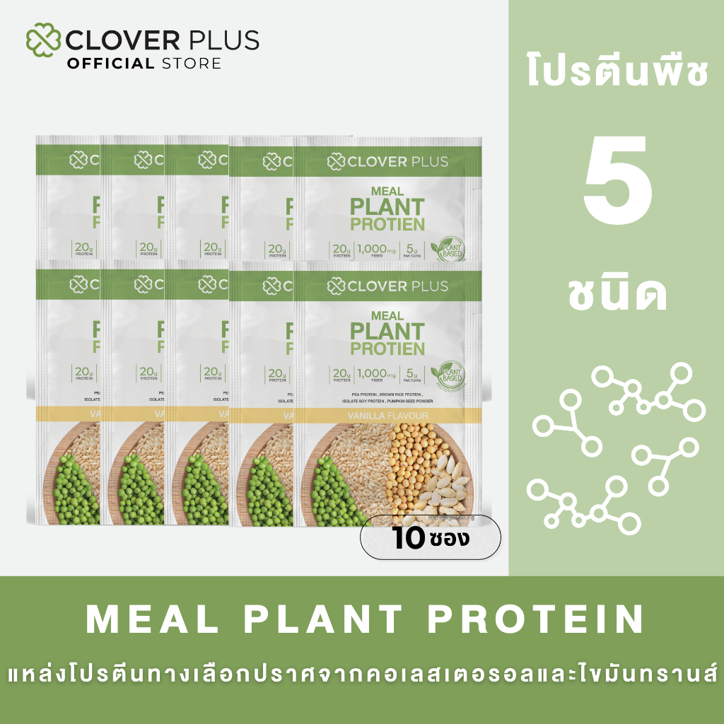 Clover Plus Meal Plant Protein มีล แพลนท์ โปรตีน รสวานิลา ปราศจากคลอเลสเตอรอล 10 ซอง (30.7 ก/ซอง.)