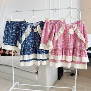 NITAAN 🌱ALMOND SET เซ็ตอัลมอลด์ ผ้าคอตตอนลายสวย ต่อลูกไม้สีสวยมากๆ เสื้อยาวปิดสะโพกซิปหลัง กางเกงไม่สั้น