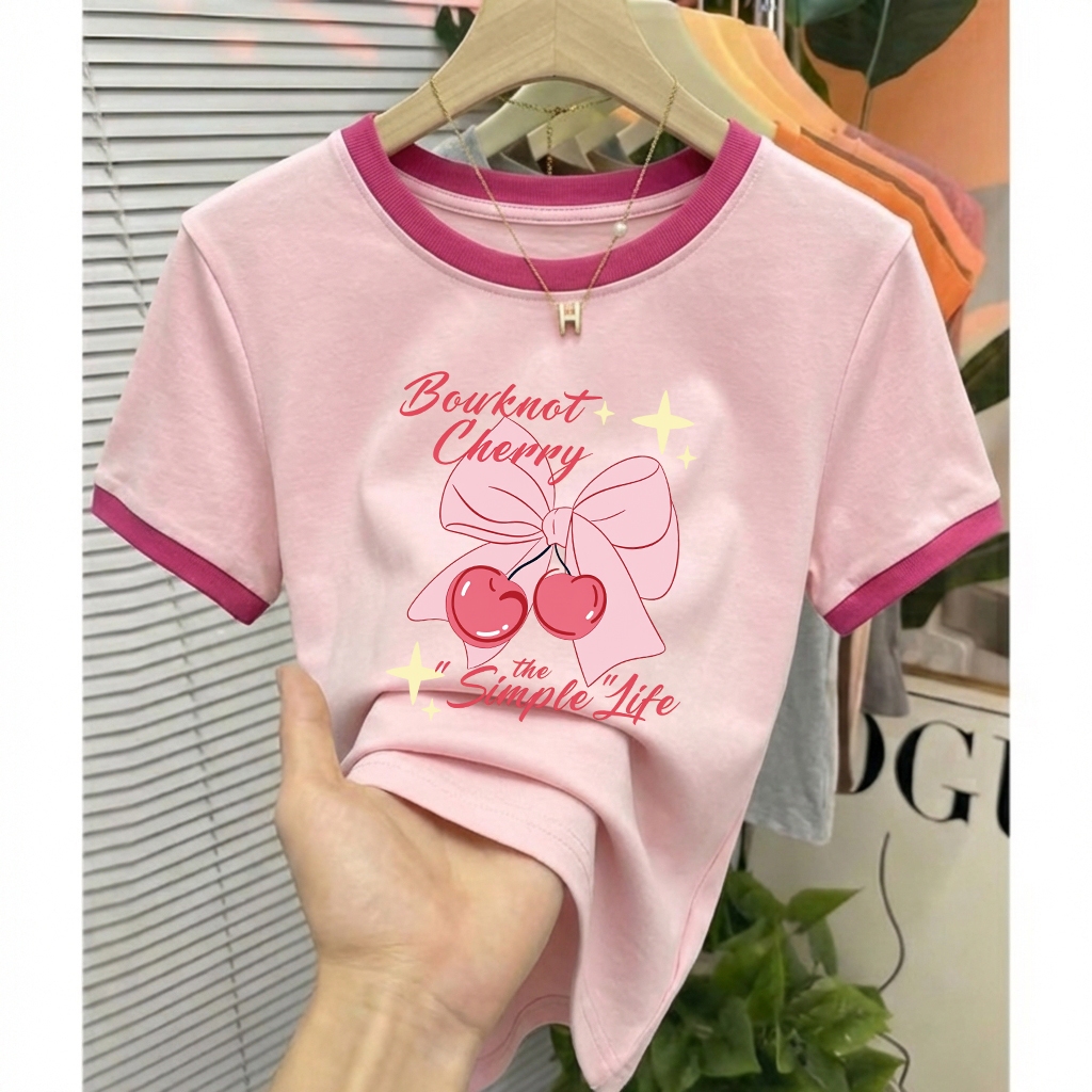 เสื้อยืดผู้หญิงลายสาวสวยวินเทจ ทรงสั้นสไตล์เกาหลี ผ้านุ่มใส่สบาย เอวสวย ป้องกันริ้วรอย เหมาะกับฤดูร้อน ใส่ทำงาน/เที่ยว